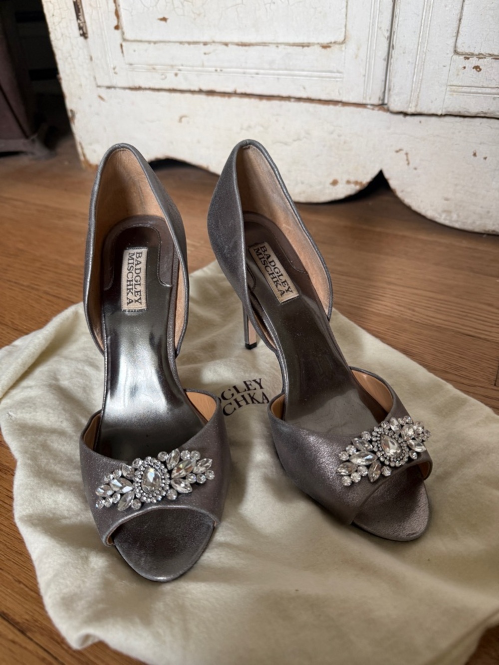 Badgley Mischka Silver Satin Peep-Toe Crystal Heels - Picture 8 of 8